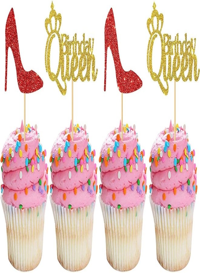 كونفيتي مجموعة كونفيتي! ٢٤ قطعة من زينة كب كيك عيد ميلاد الملكة للنساء والفتيات في أعياد ميلادهن الـ ١٨، ٢٠، ٣٠، ٤٠، زينة كب كيك لحفلات الأميرات، زينة كب كيك عيد ميلاد لامعة باللونين الأحمر والذهبي - Image 1